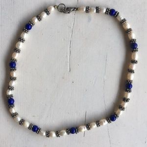 Blue and pearl colored beaded choker